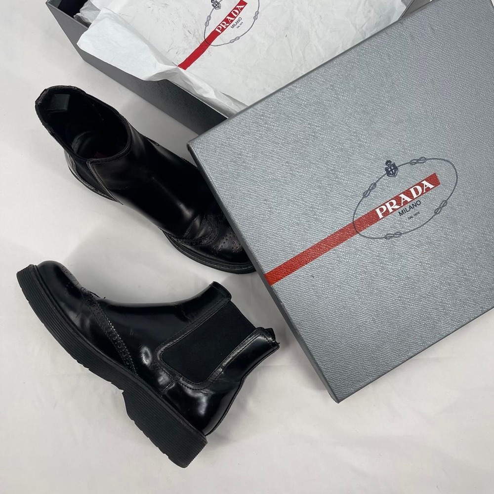 Prada Women's Archival Black Leather Boots EU 37 US 7 2015 Runway Chelsea Combat